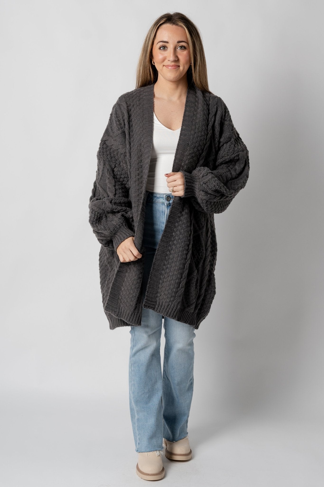 Chunky cable knit cardigan charcoal - Trendy Cardigan - Fashion Cardigans & Cute Kimonos at Lush Fashion Lounge Boutique in Oklahoma City
