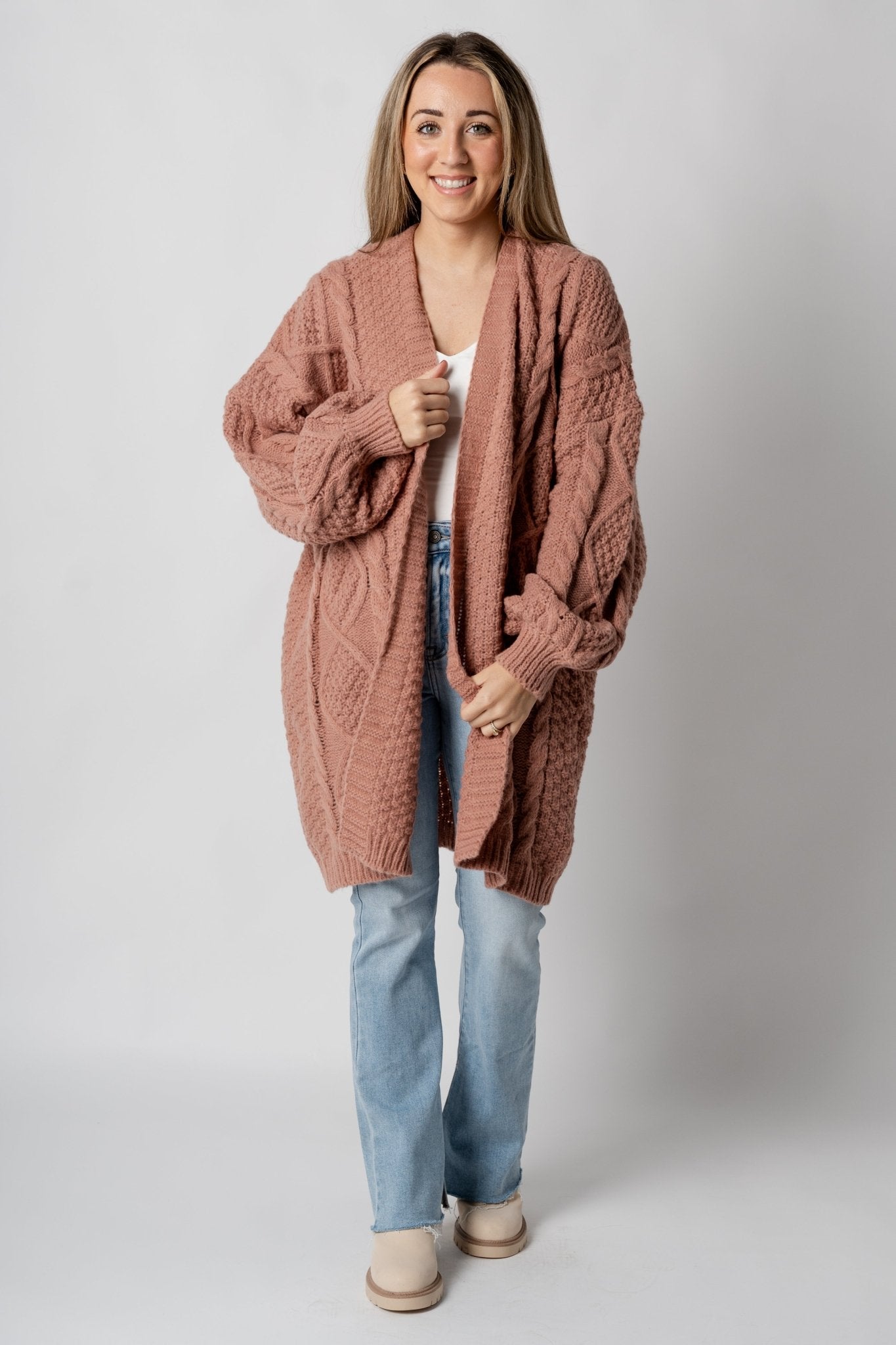 Chunky cable knit cardigan mauve