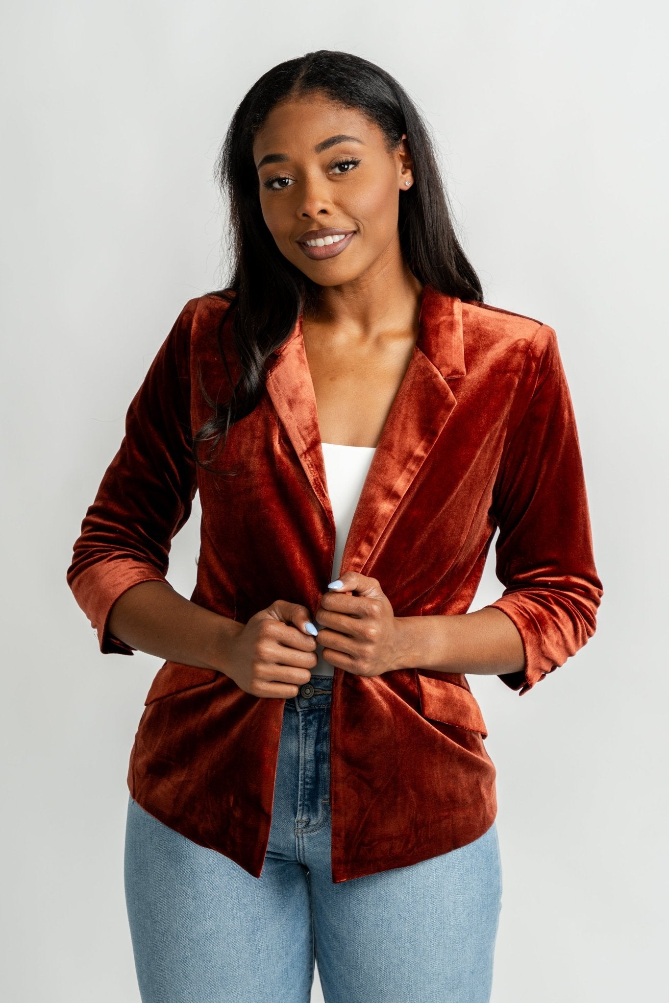 Velvet button blazer amber rust – Affordable Blazers | Cute Black Jackets at Lush Fashion Lounge Boutique in Oklahoma City