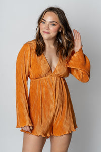 Bell sleeve pleated romper orange - Affordable Romper - Boutique Rompers & Pantsuits at Lush Fashion Lounge Boutique in Oklahoma City