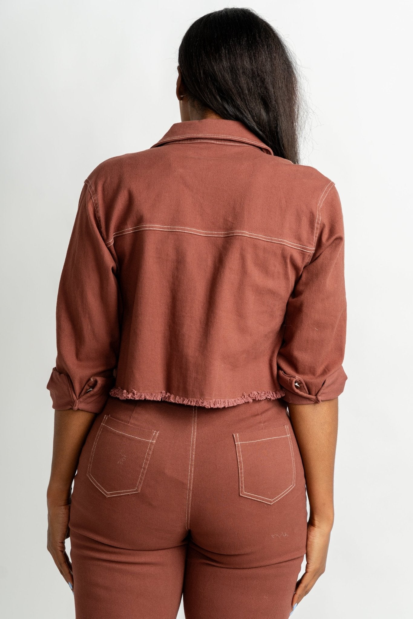 Contrast stitch shirt jacket plum