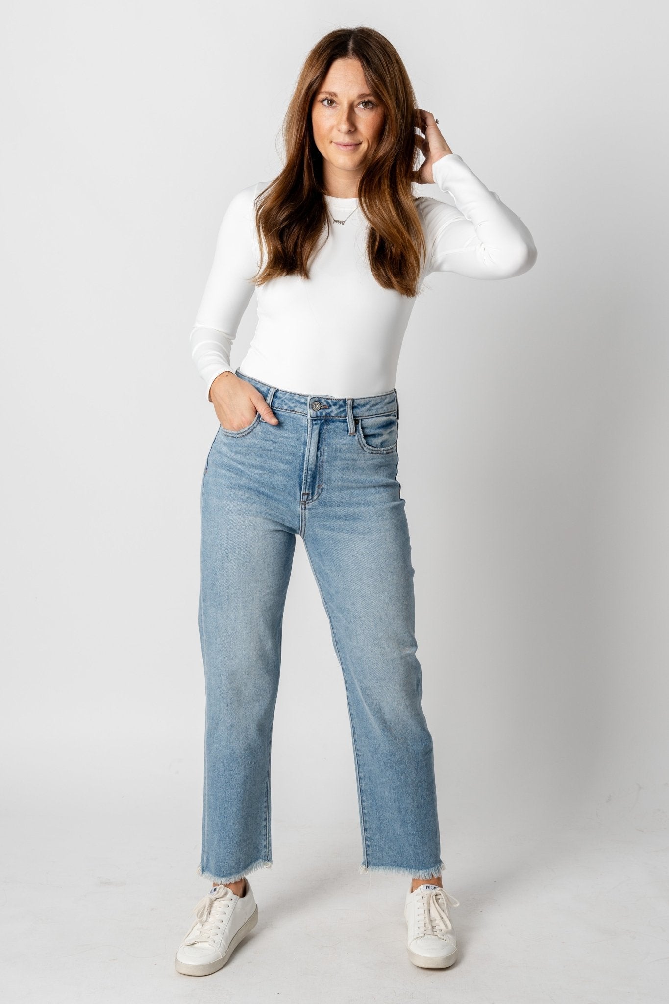Hidden Tracey high rise straight jeans medium light | Lush Fashion Lounge: boutique women's jeans, fashion jeans for women, affordable fashion jeans, cute boutique jeans