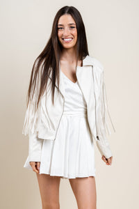 Faux leather fringe zip jacket white - Trendy jacket - Fun Wedding Party Outfits at Lush Fashion Lounge Boutique in Oklahoma City