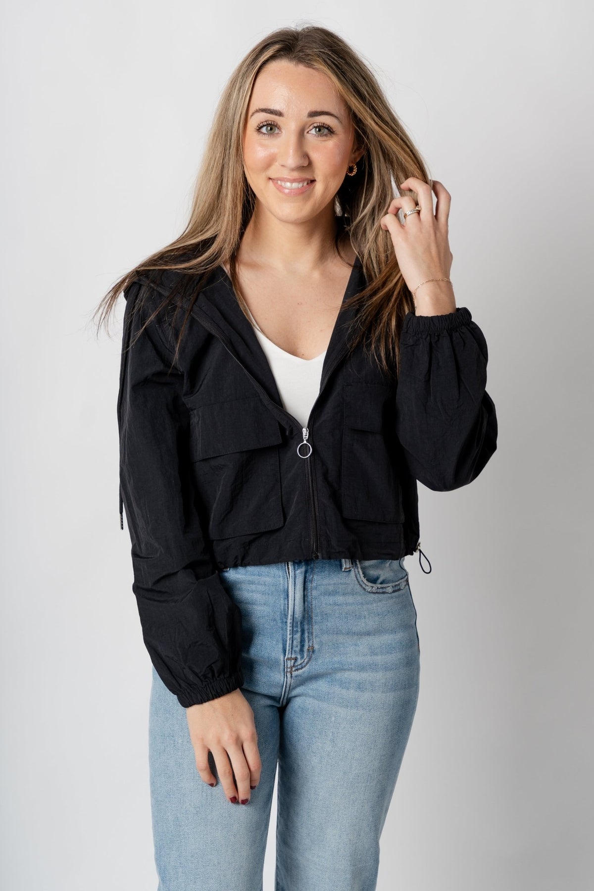 Lightweight nylon cargo jacket black – Trendy Jackets | Cute Fashion Blazers at Lush Fashion Lounge Boutique in Oklahoma City