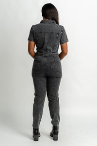 Belted denim jumpsuit black - Affordable jumpsuit - Boutique Rompers & Pantsuits at Lush Fashion Lounge Boutique in Oklahoma City