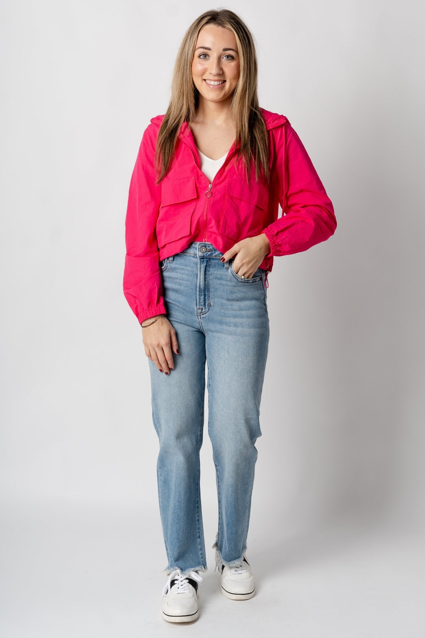 Lightweight nylon cargo jacket fuchsia – Unique Blazers | Cute Blazers For Women at Lush Fashion Lounge Boutique in Oklahoma City