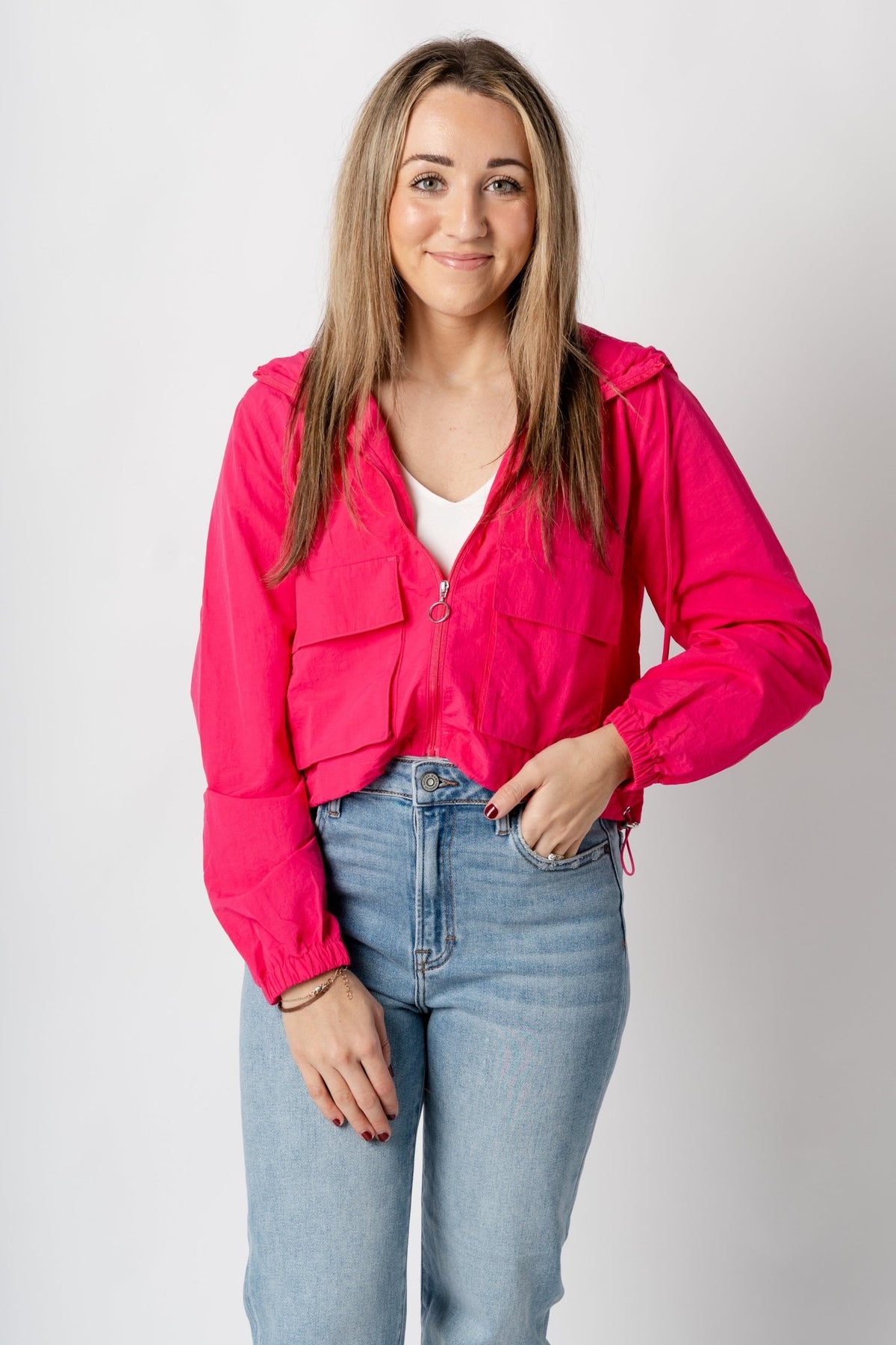 Lightweight nylon cargo jacket fuchsia – Trendy Jackets | Cute Fashion Blazers at Lush Fashion Lounge Boutique in Oklahoma City