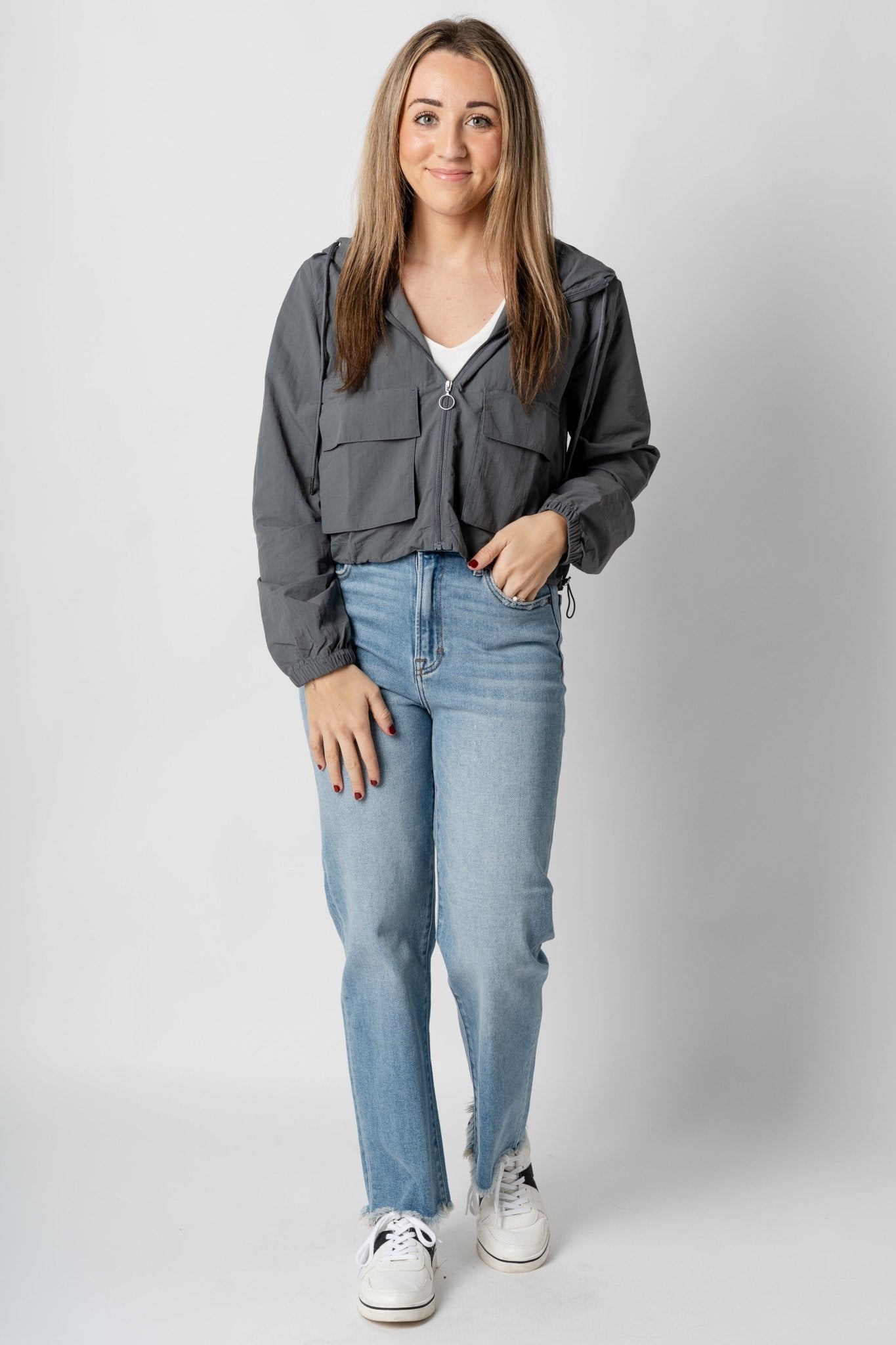 Lightweight nylon cargo jacket charcoal – Fashionable Jackets | Trendy Blazers at Lush Fashion Lounge Boutique in Oklahoma City