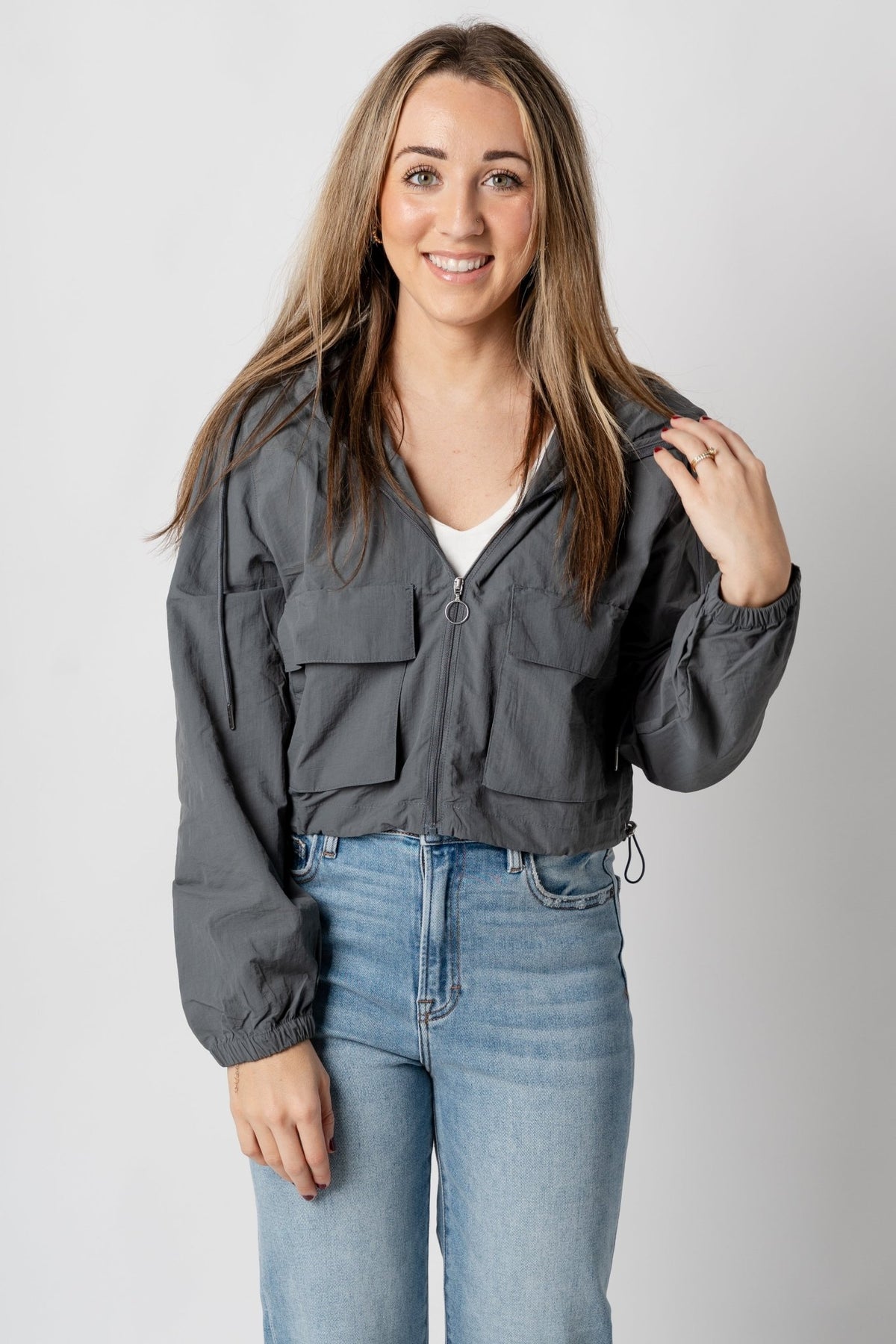 Lightweight nylon cargo jacket charcoal – Trendy Jackets | Cute Fashion Blazers at Lush Fashion Lounge Boutique in Oklahoma City