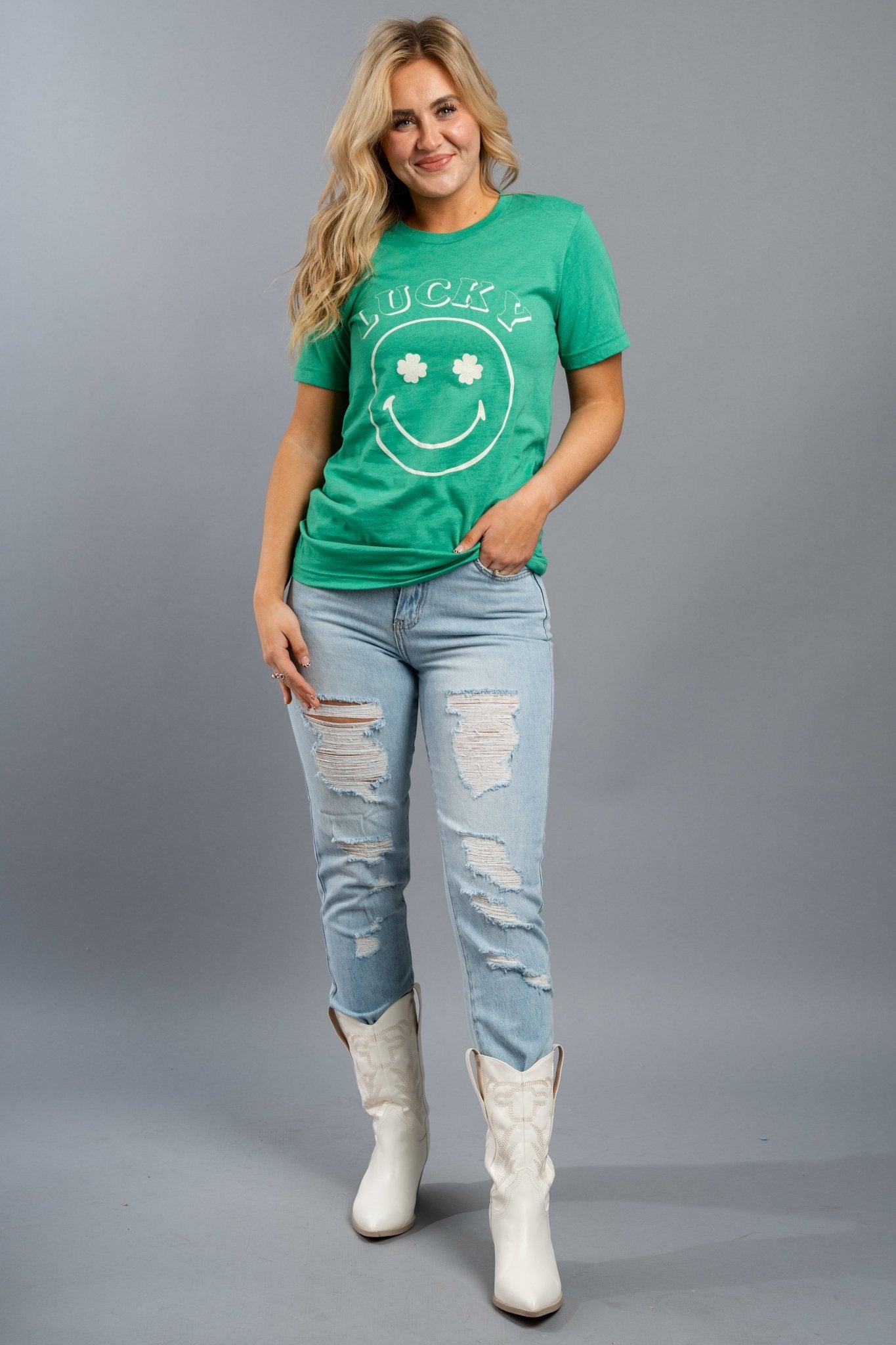 Lucky smiley unisex short sleeve t-shirt kelly green - Trendy T-shirts - Fashion Graphic T-Shirts at Lush Fashion Lounge Boutique in Oklahoma City