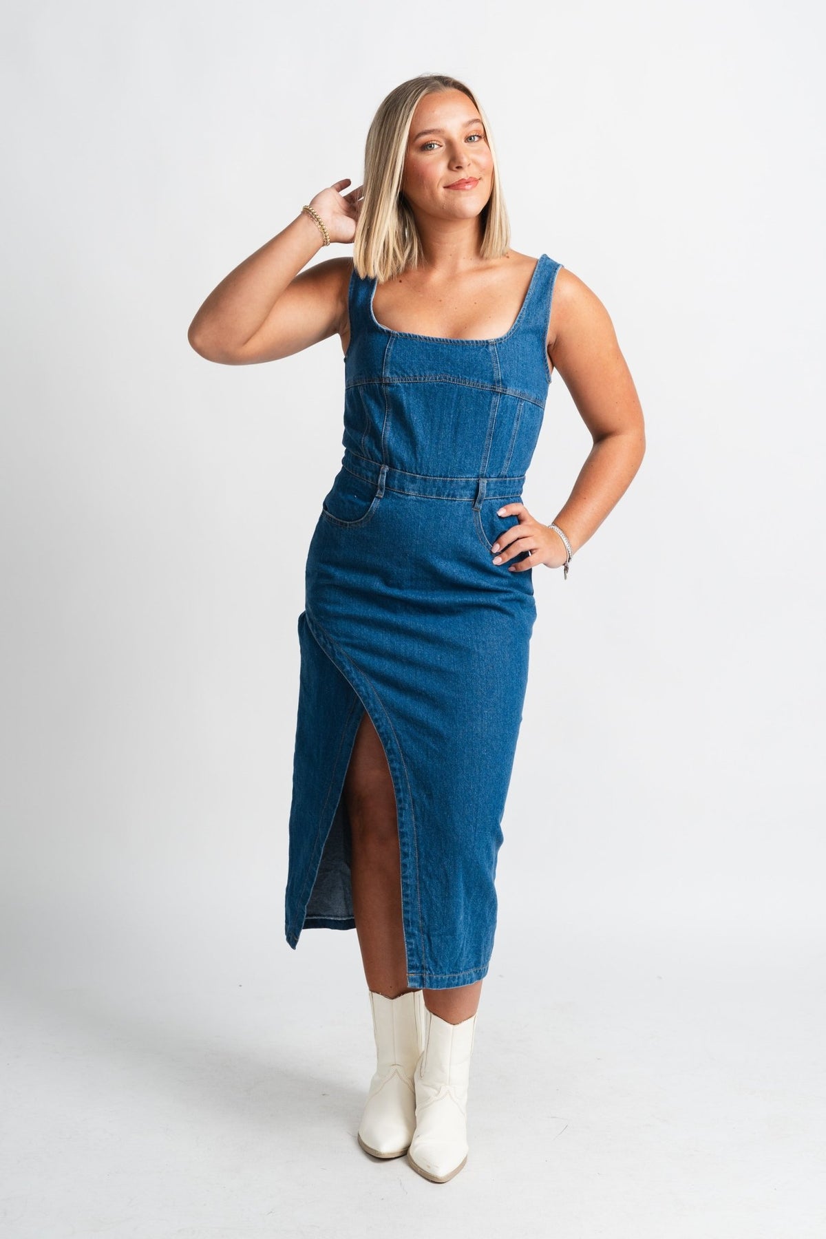 Denim midi dress blue - Cute dress - Trendy Dresses at Lush Fashion Lounge Boutique in Oklahoma City