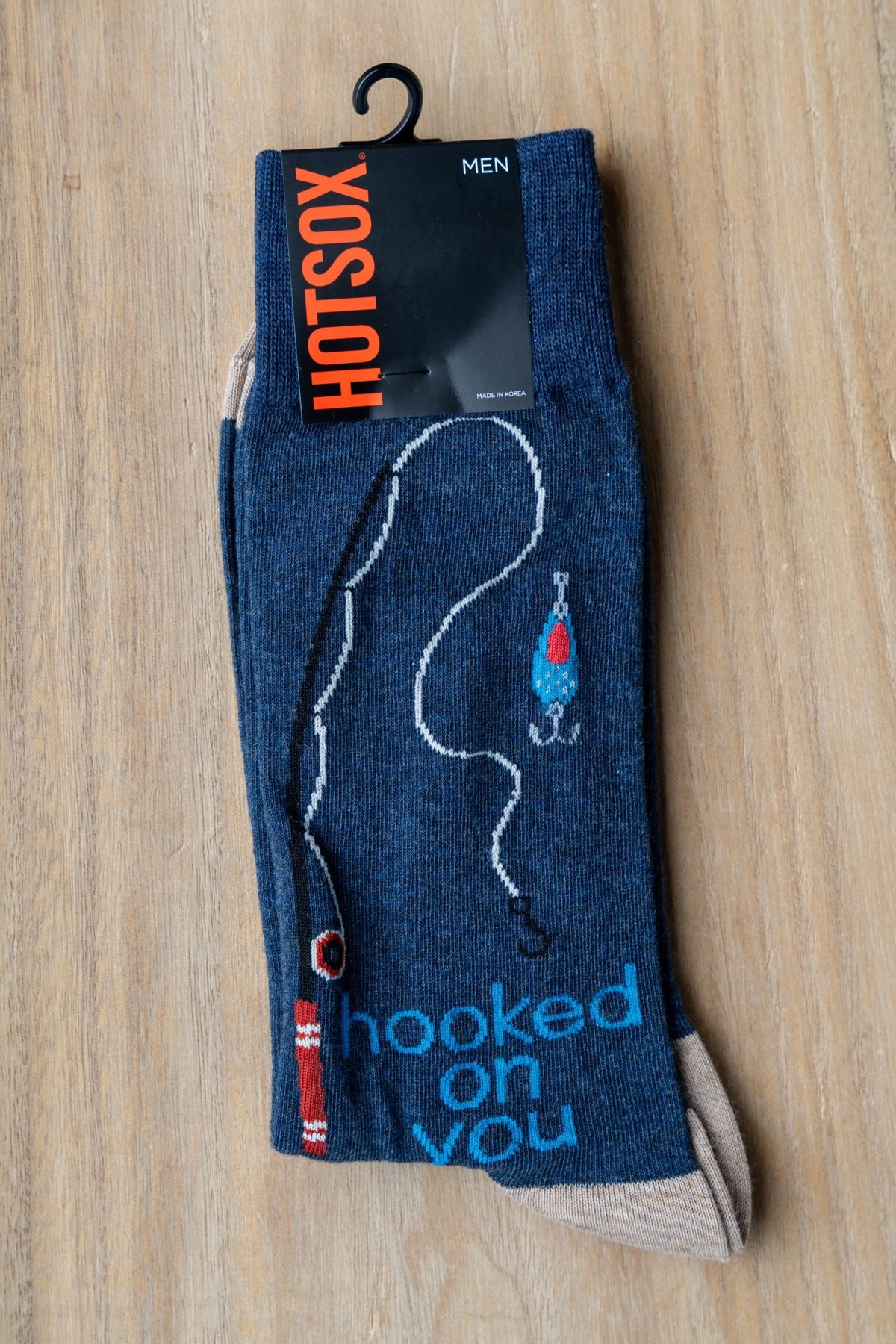 HotSox hooked on you fishing socks denim - Trendy Socks at Lush Fashion Lounge Boutique in Oklahoma City