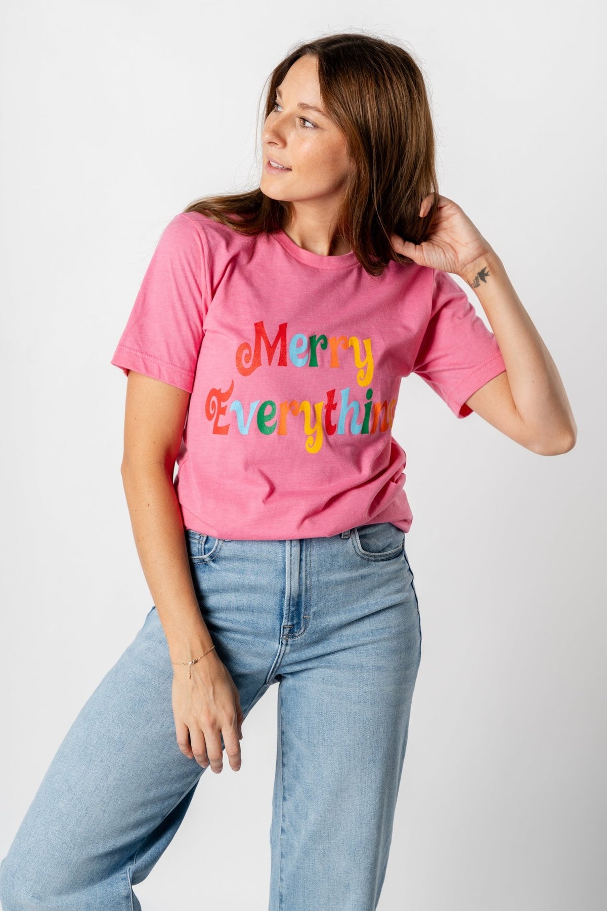 Merry everything t-shirt bright pink - Trendy Holiday Apparel at Lush Fashion Lounge Boutique in Oklahoma City