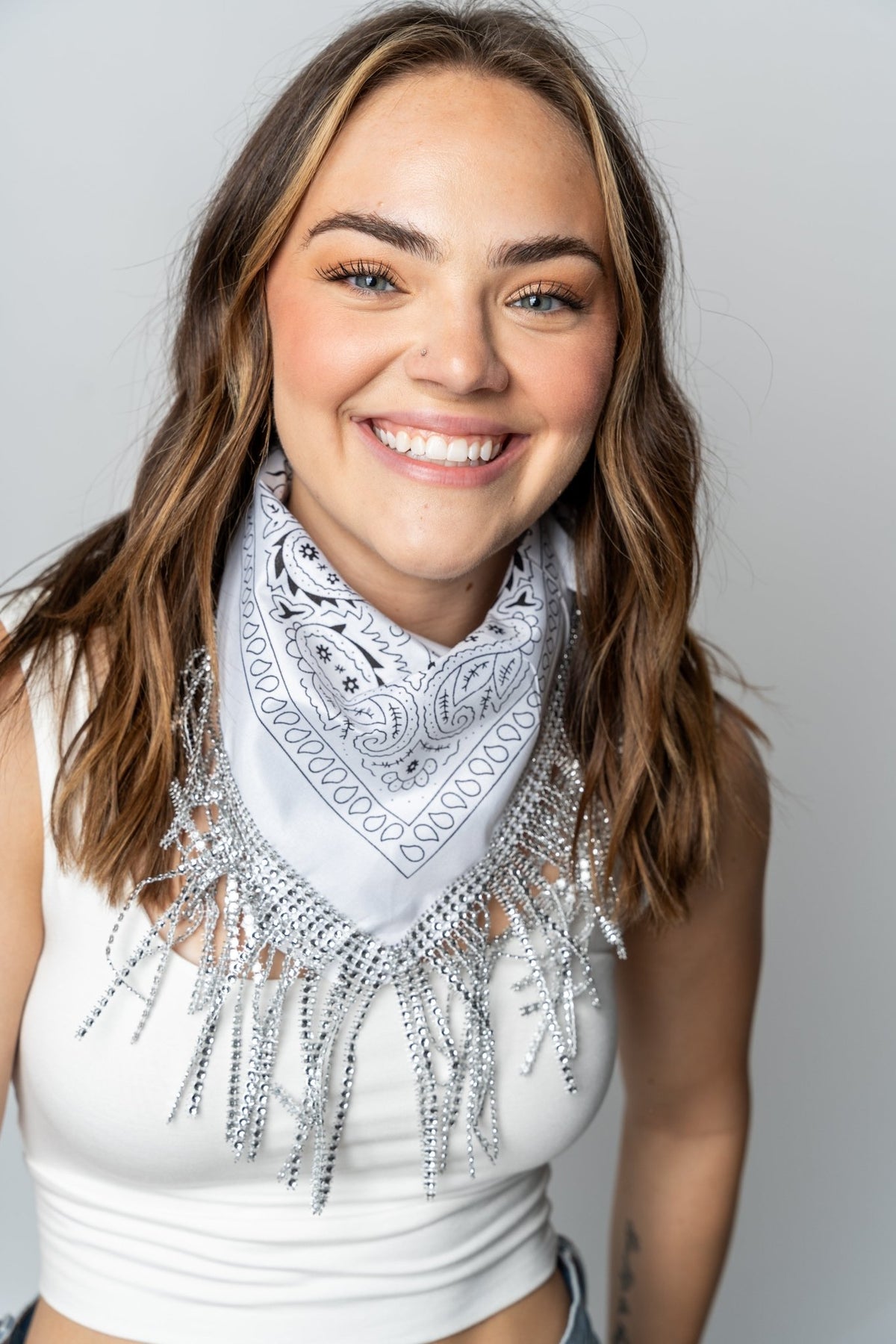 Paisley rhinestone bandana scarf white - Trendy Scarves at Lush Fashion Lounge Boutique in Oklahoma City