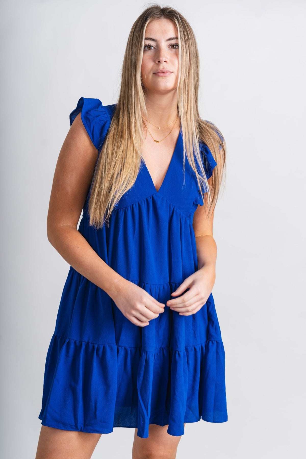 Ruffle sleeve dress royal blue - Trendy dress - Cute Vacation Collection at Lush Fashion Lounge Boutique in Oklahoma City