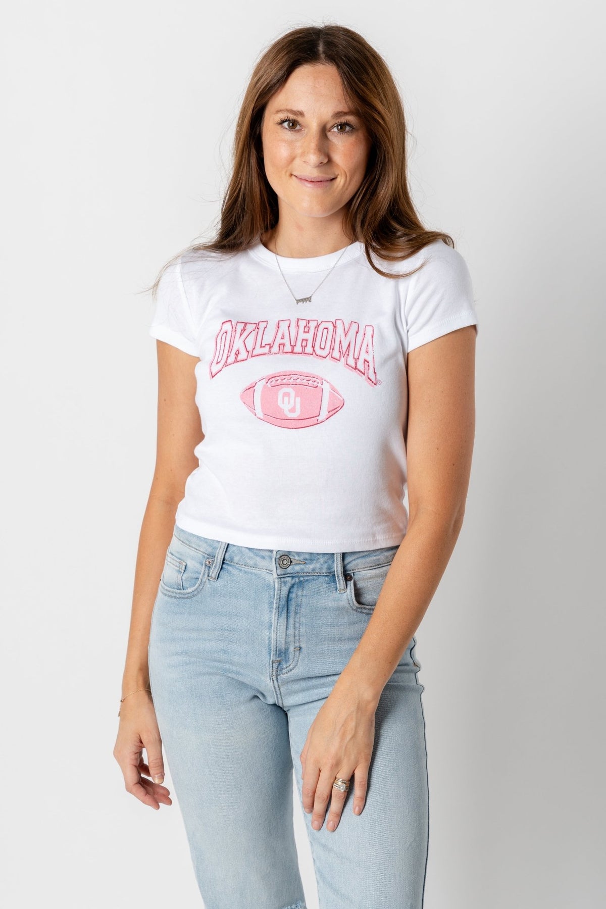 OU OU Wonka football micro cropped t-shirt white T-shirts | Lush Fashion Lounge Trendy Oklahoma University Sooners Apparel & Cute Gameday T-Shirts