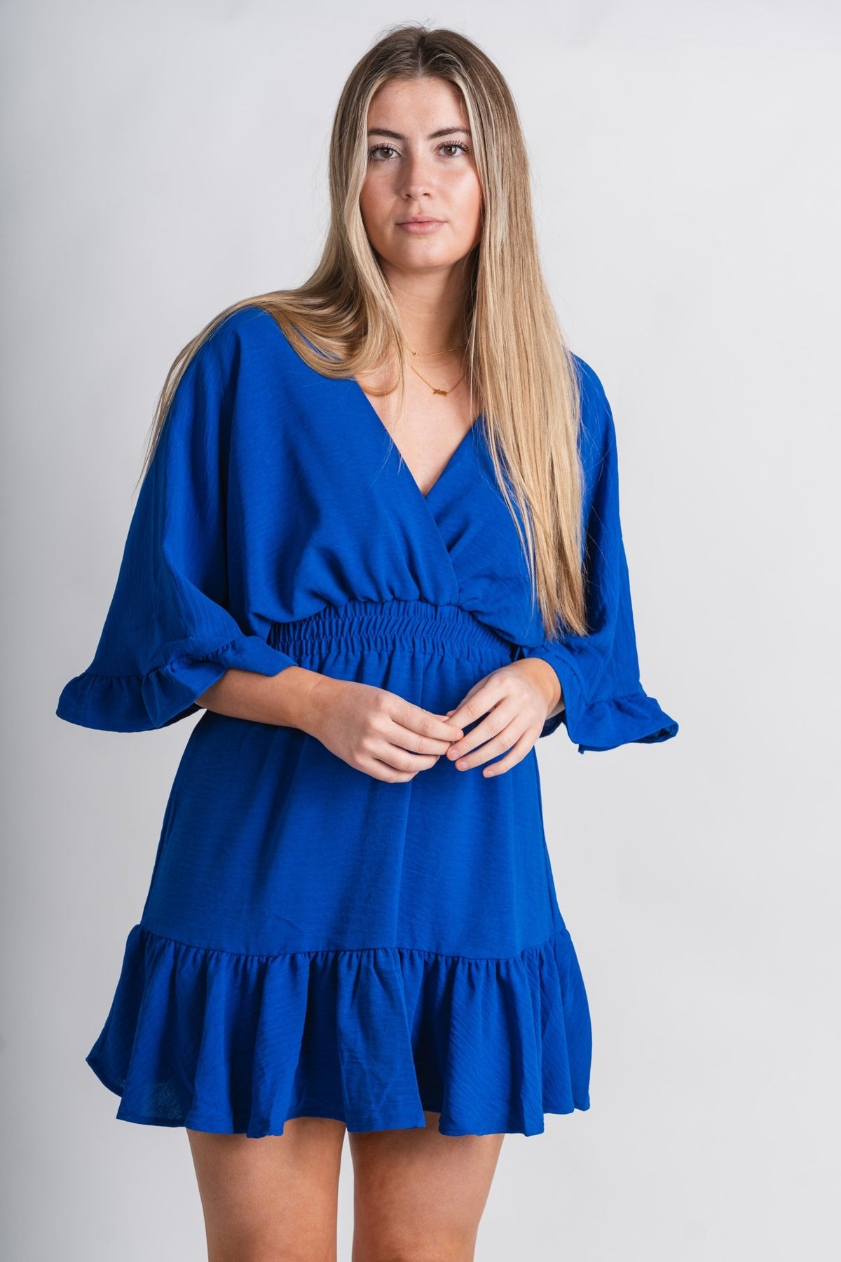 Ruffled sleeve double v dress royal blue - Trendy dress - Cute Vacation Collection at Lush Fashion Lounge Boutique in Oklahoma City