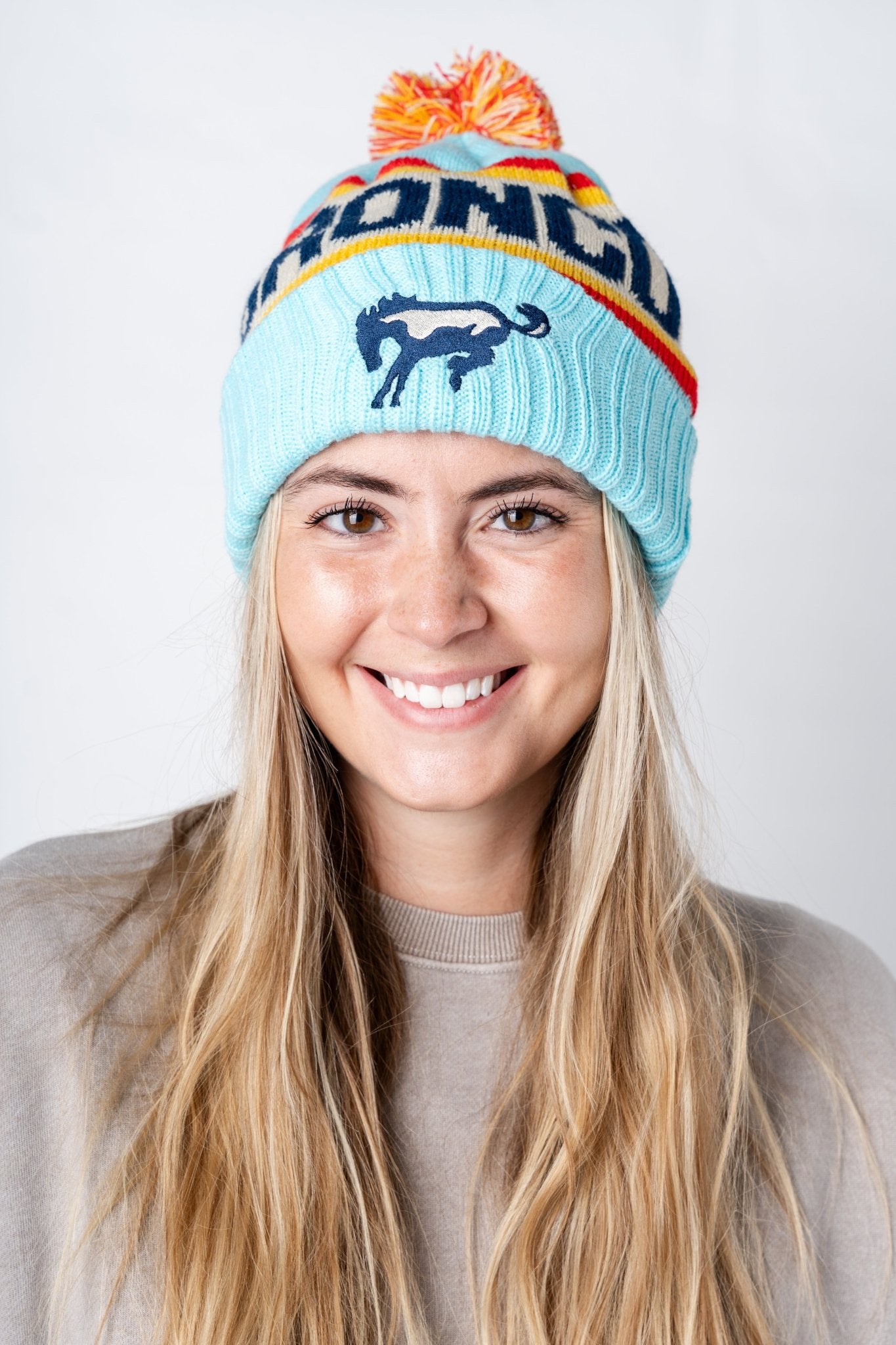 Bronco pillow pom beanie light blue - Trendy Gifts at Lush Fashion Lounge Boutique in Oklahoma City