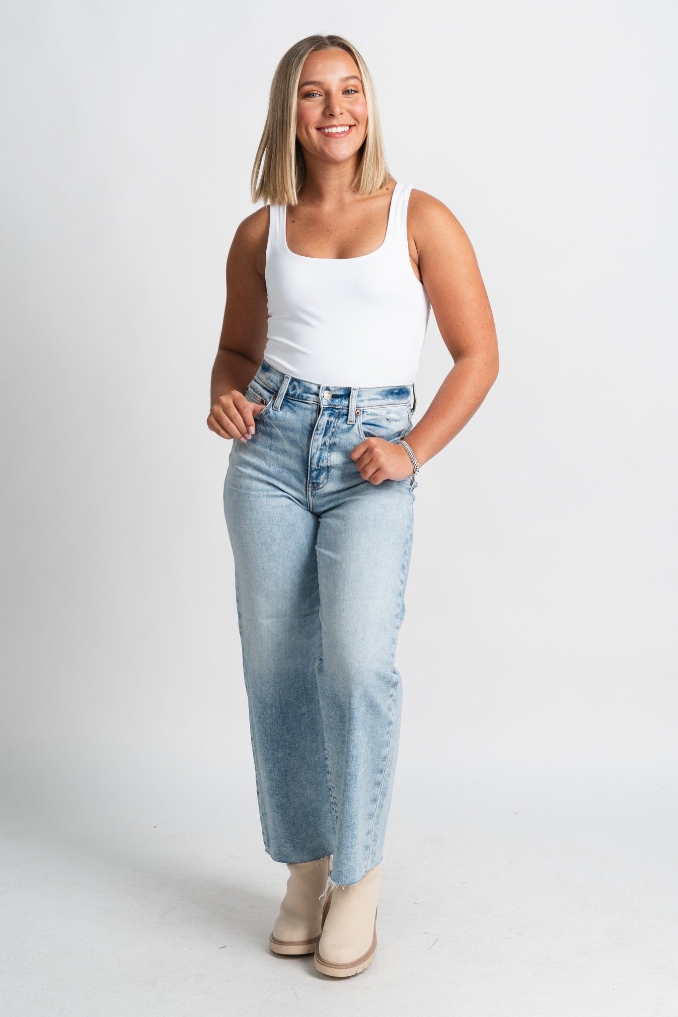 Daze denim high rise wide leg ankle crop jeans miracle | Lush Fashion Lounge: boutique women's jeans, fashion jeans for women, affordable fashion jeans, cute boutique jeans