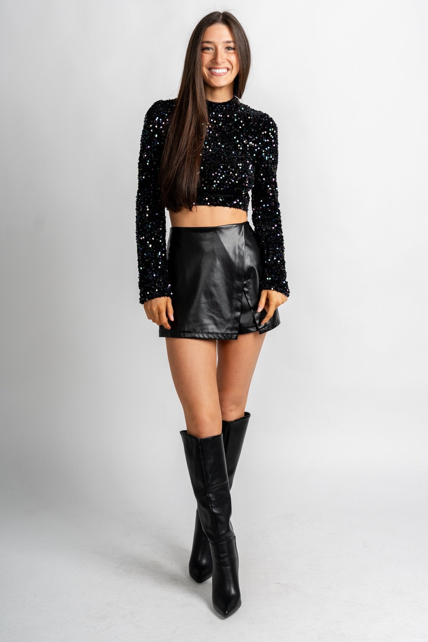Velvet sequin long sleeve top black multi - Affordable New Year's Eve Party Outfits at Lush Fashion Lounge Boutique in Oklahoma City