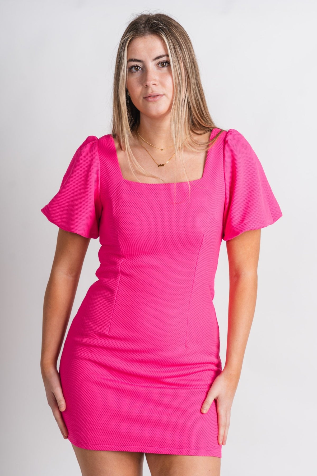 Puff sleeve hot pink mini dress - Trendy dress - Cute Vacation Collection at Lush Fashion Lounge Boutique in Oklahoma City