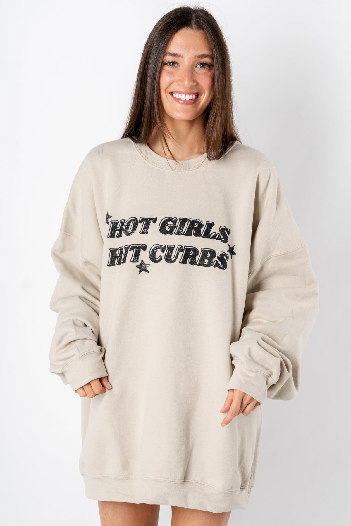 Hot girls hit curbs oversized thrifted sweatshirt sand - Stylish T-shirts - Trendy Graphic T-Shirts and Tank Tops at Lush Fashion Lounge Boutique in Oklahoma City