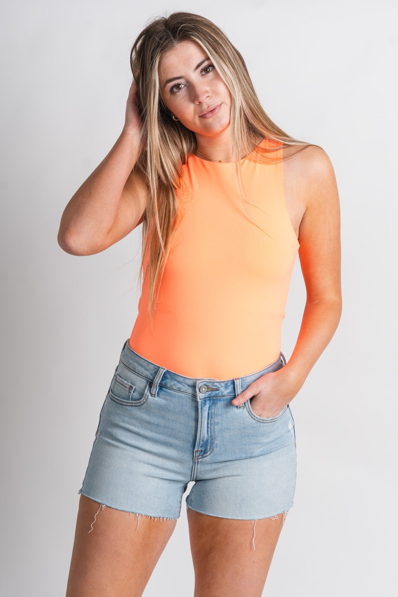 Sleeveless smooth soft bodysuit neon coral - Cute bodysuit - Fun Vacay Basics at Lush Fashion Lounge Boutique in Oklahoma City