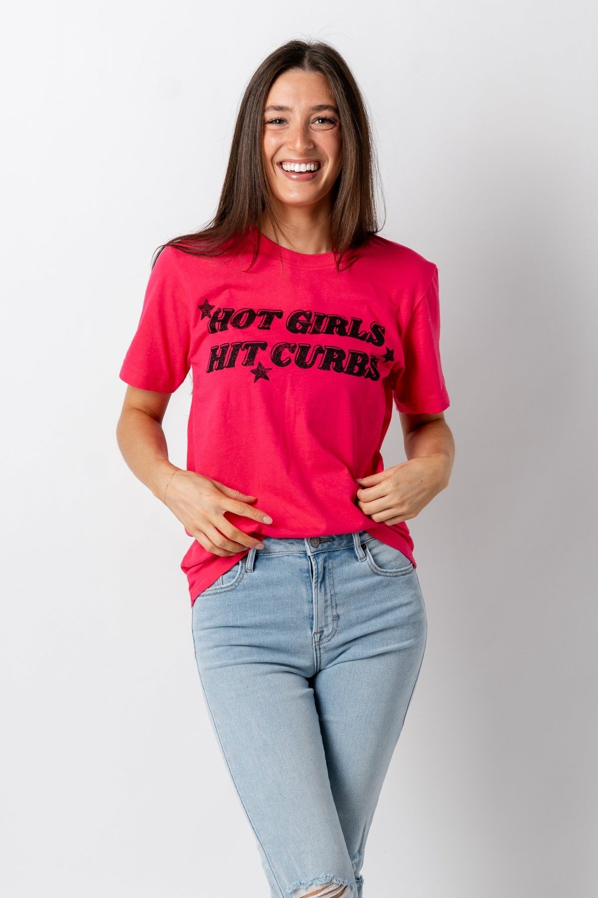 Hot girls hit curbs t-shirt hot pink - Stylish t-shirt - Trendy Graphic T-Shirts and Tank Tops at Lush Fashion Lounge Boutique in Oklahoma City