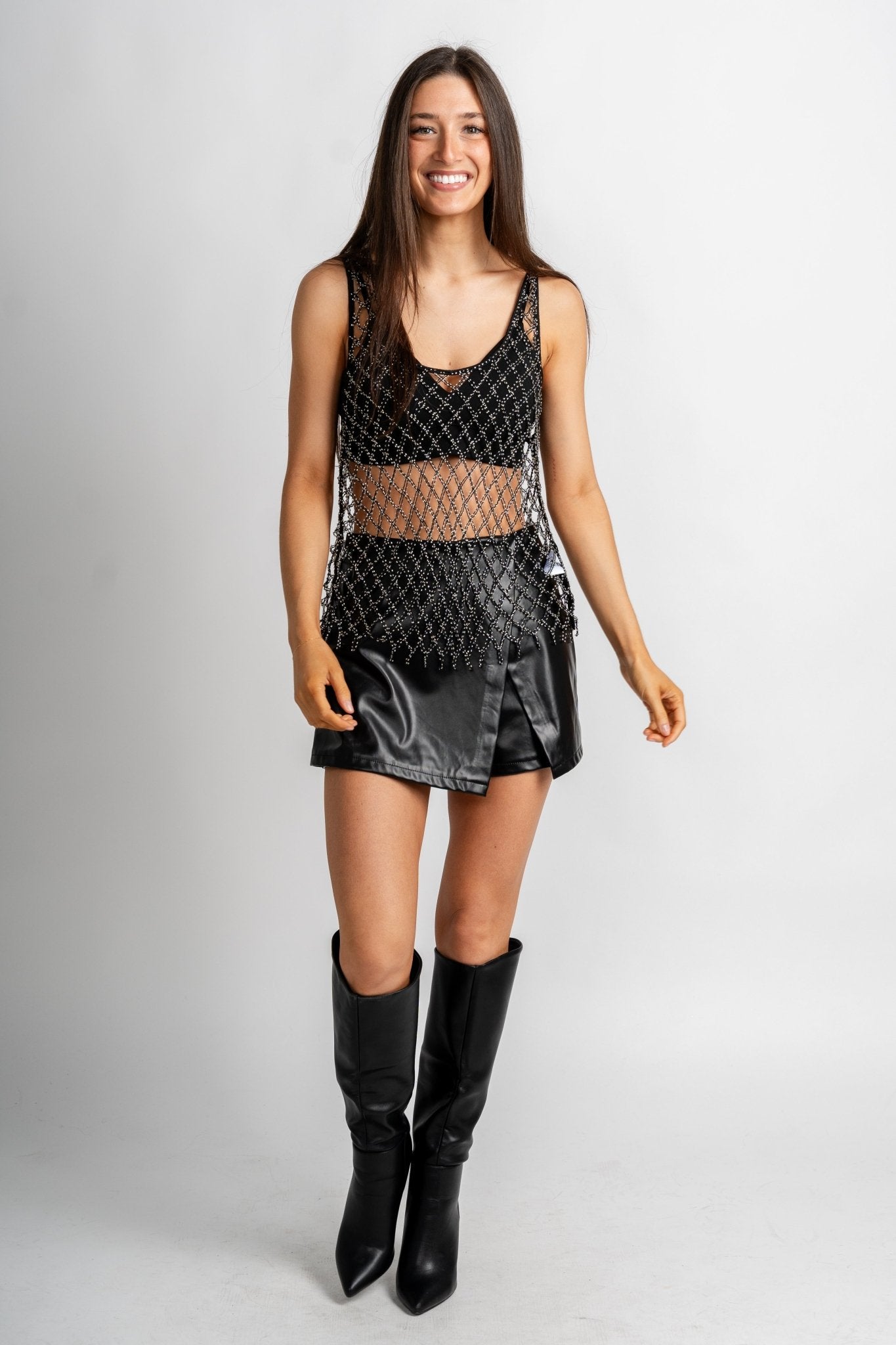 Rhinestone mesh tank top black - Affordable New Year's Eve Party Outfits at Lush Fashion Lounge Boutique in Oklahoma City