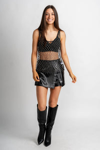 Rhinestone mesh tank top black - Affordable New Year's Eve Party Outfits at Lush Fashion Lounge Boutique in Oklahoma City