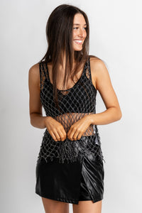 Rhinestone mesh tank top black - Trendy New Year's Eve Dresses, Skirts, Kimonos and Sequins at Lush Fashion Lounge Boutique in Oklahoma City