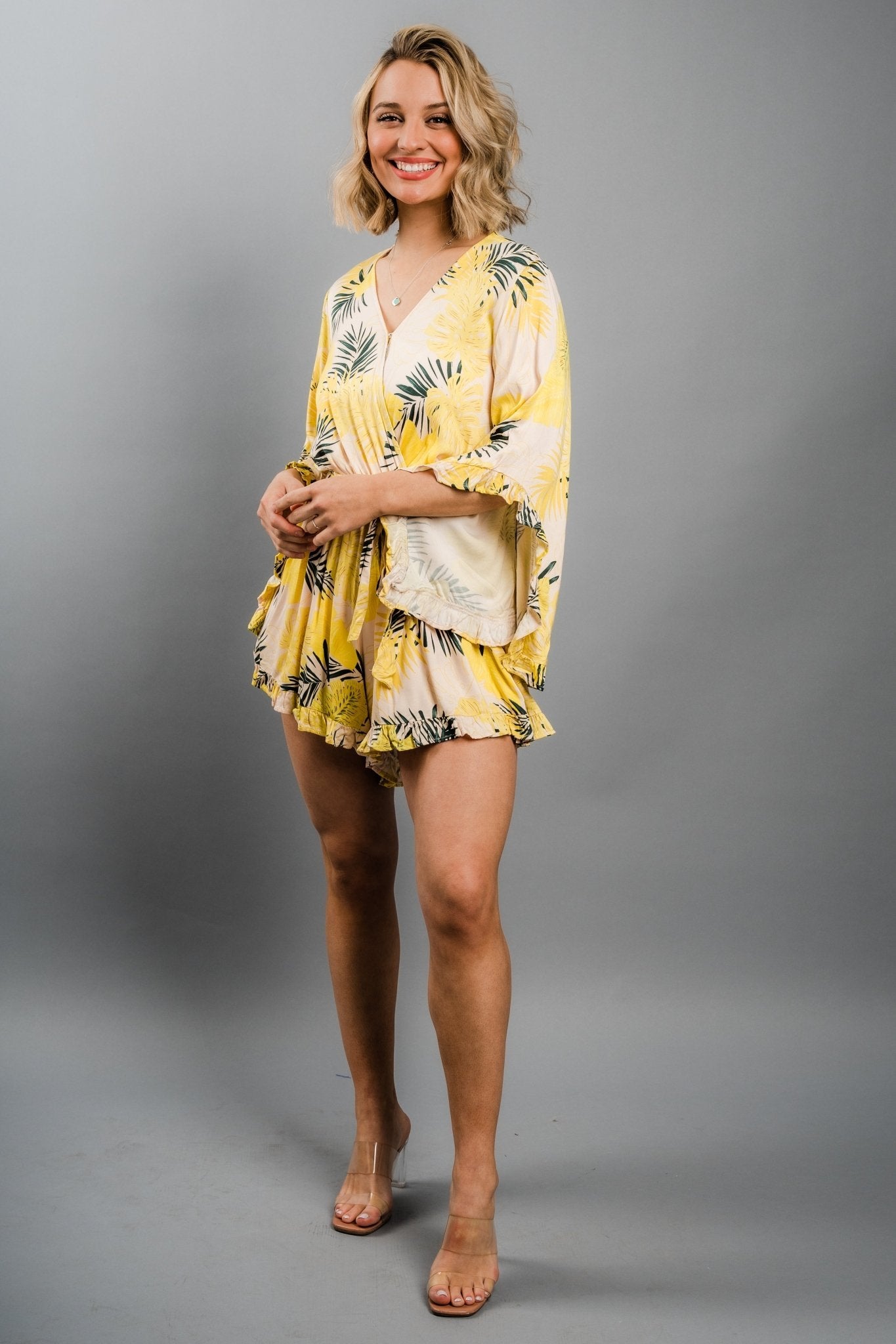 Ruffle tie waist tropical print romper apricot multi - Affordable Romper - Boutique Rompers & Pantsuits at Lush Fashion Lounge Boutique in Oklahoma City
