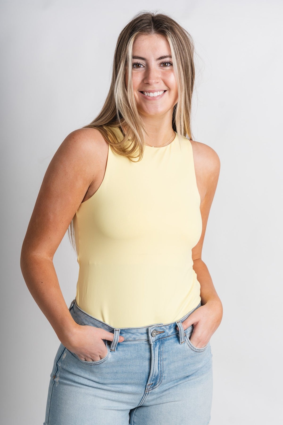 Sleeveless smooth soft bodysuit lemon - Trendy bodysuit - Cute Vacation Collection at Lush Fashion Lounge Boutique in Oklahoma City