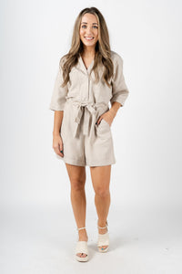 Belted romper taupe Stylish Romper - Womens Fashion Rompers & Pantsuits at Lush Fashion Lounge Boutique in Oklahoma City
