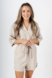 Belted romper taupe - Affordable Romper - Boutique Rompers & Pantsuits at Lush Fashion Lounge Boutique in Oklahoma City
