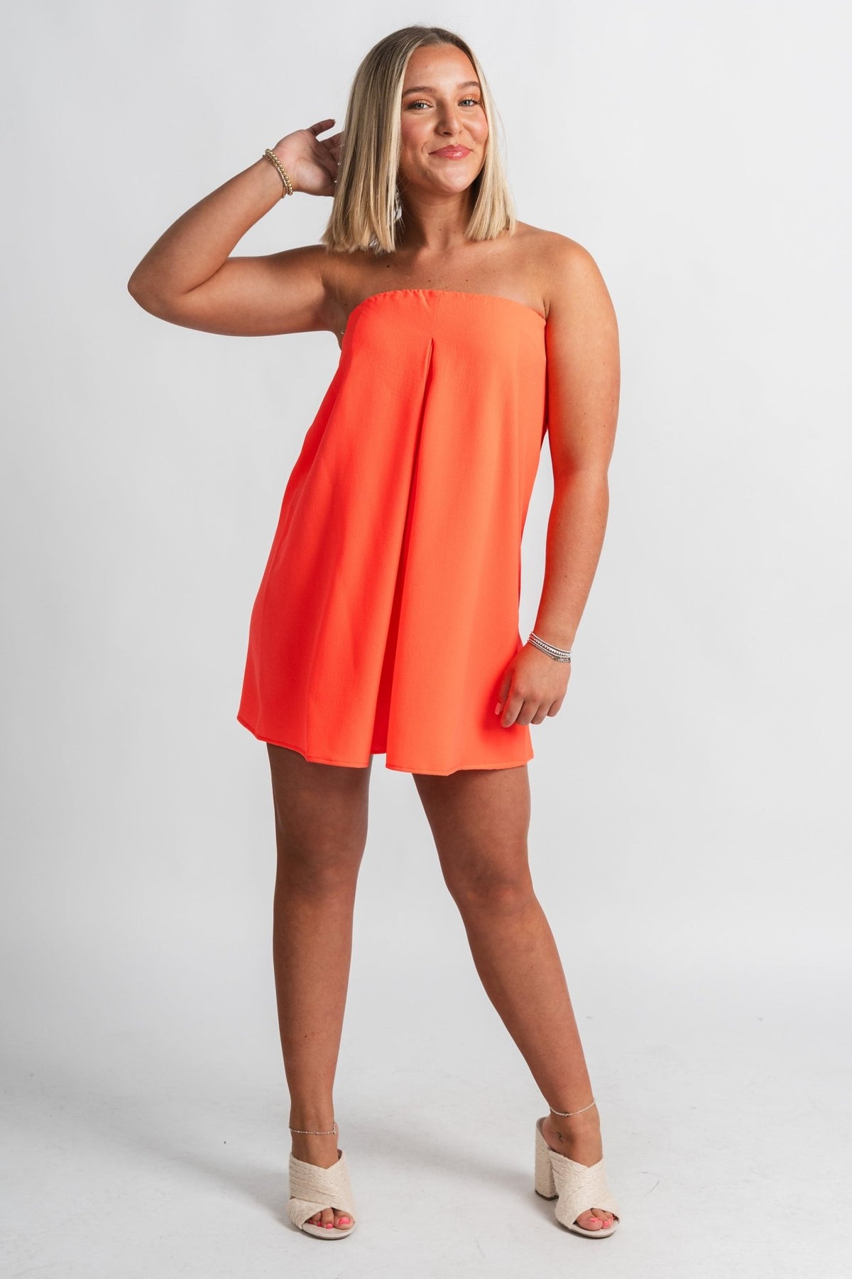 Strapless romper coral - Trendy Romper - Cute Vacation Collection at Lush Fashion Lounge Boutique in Oklahoma City