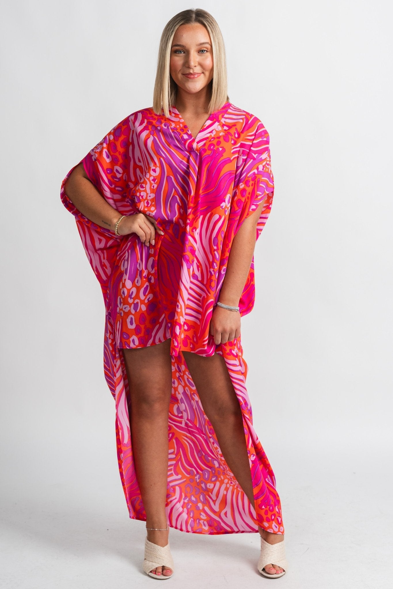 Printed high-low dress purple/orange - Stylish dress - Trendy Staycation Outfits at Lush Fashion Lounge Boutique in Oklahoma City