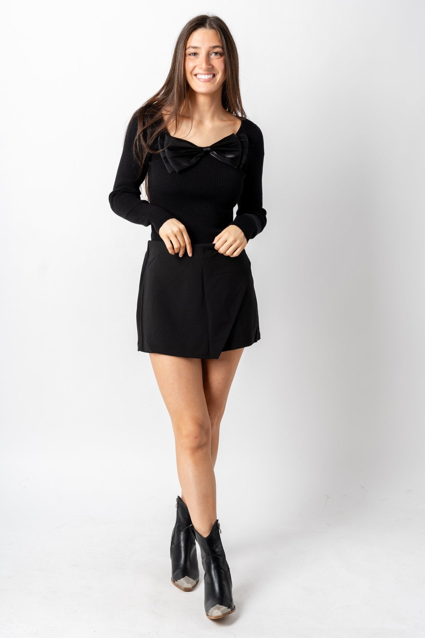 Bow detail ribbed sweater black - Trendy Sweaters | Cute Pullover Sweaters at Lush Fashion Lounge Boutique in Oklahoma City