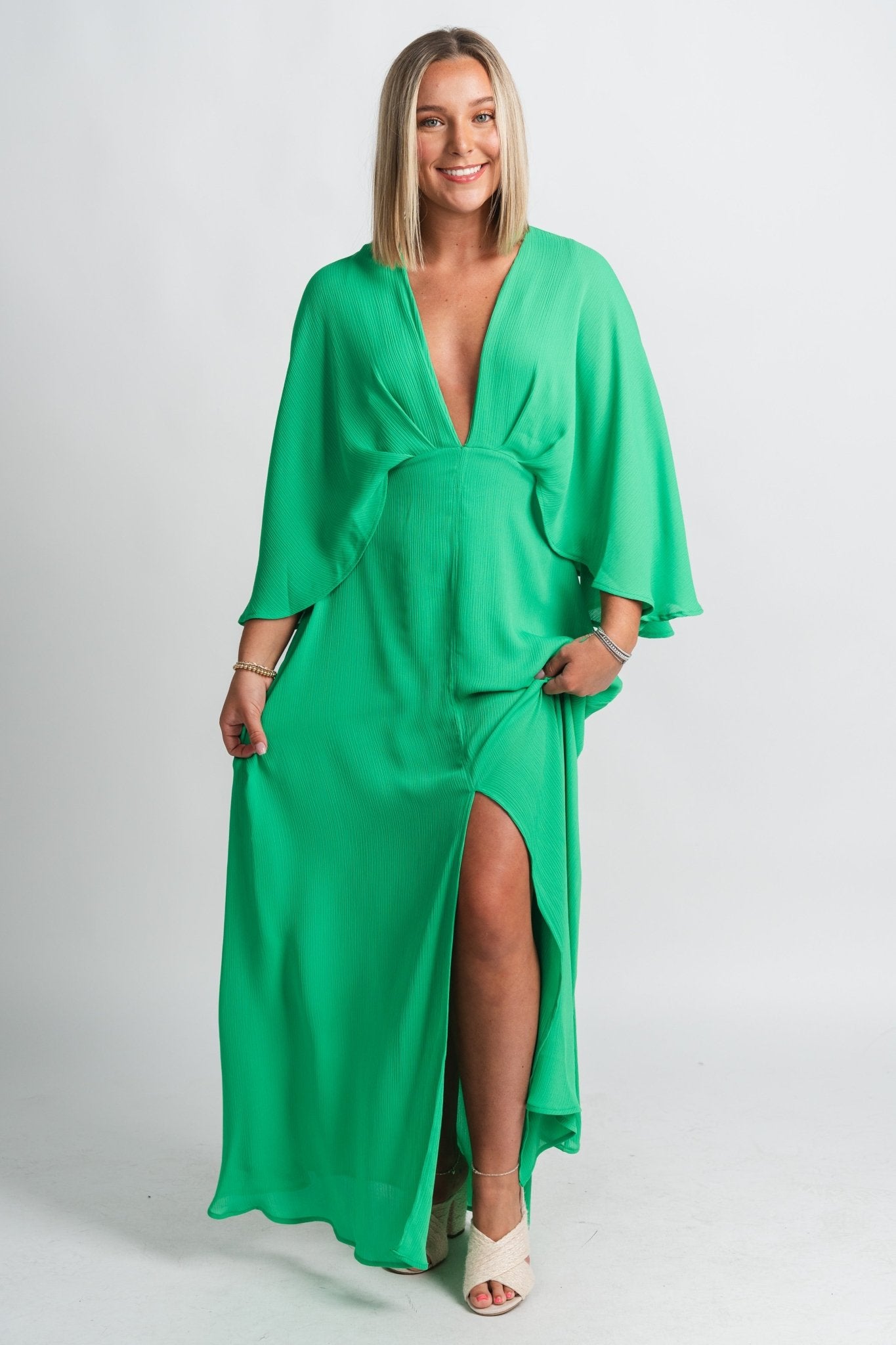 Crinkle cape maxi dress emerald - Stylish dress - Trendy Staycation Outfits at Lush Fashion Lounge Boutique in Oklahoma City