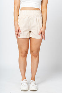 Stretch waist shorts natural Stylish shorts - Womens Fashion Shorts at Lush Fashion Lounge Boutique in Oklahoma City