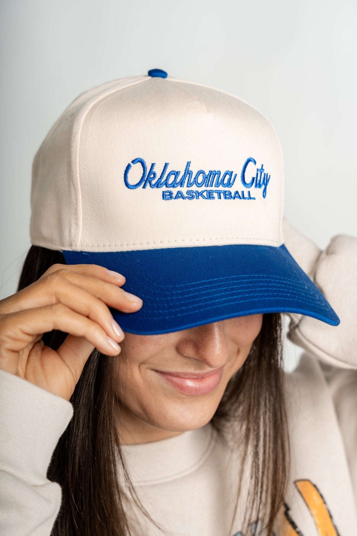 Oklahoma City retro script two tone hat natural/blue - Trendy Hats at Lush Fashion Lounge Boutique in Oklahoma City
