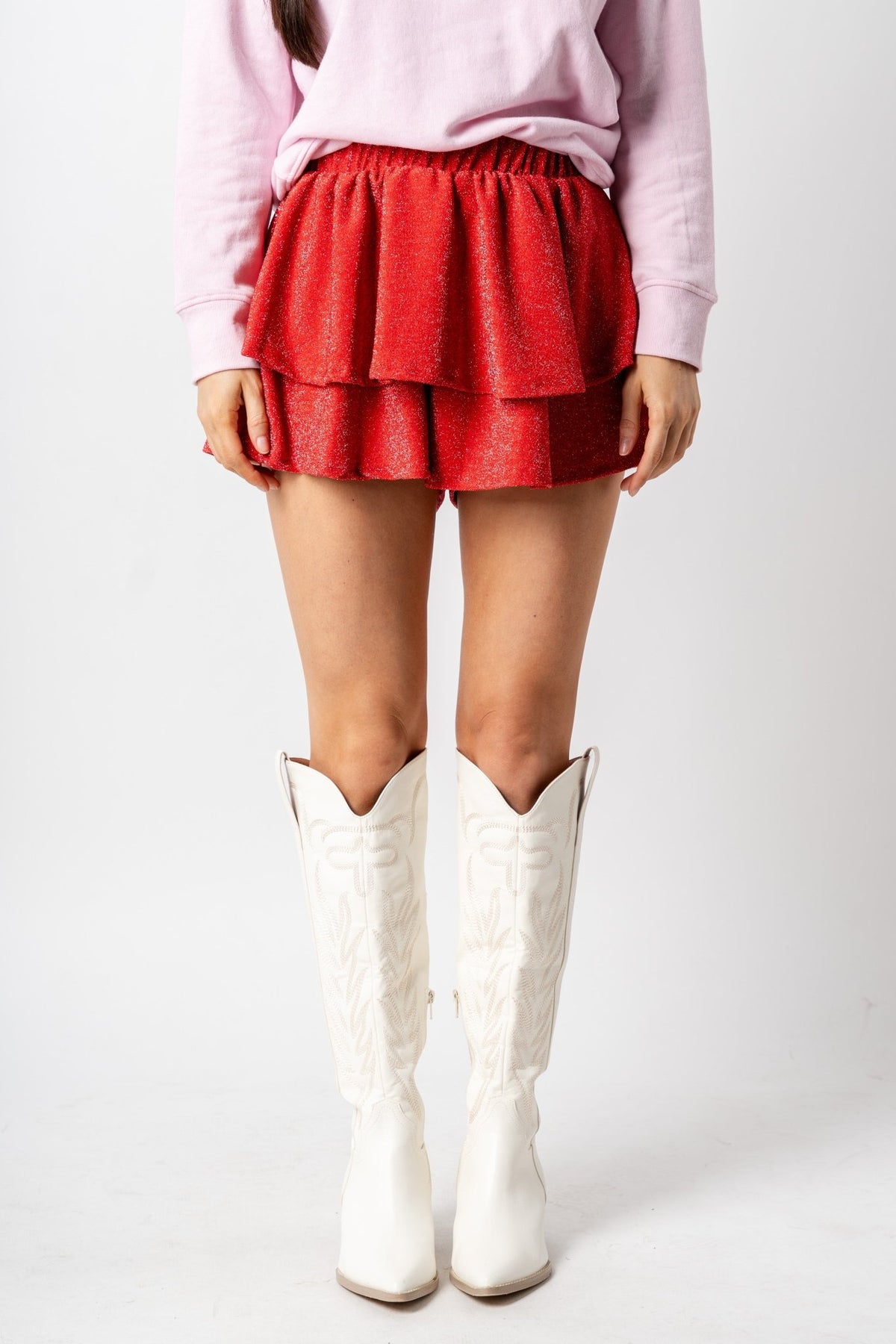 Shiny knit layered skort red - Trendy Holiday Apparel at Lush Fashion Lounge Boutique in Oklahoma City