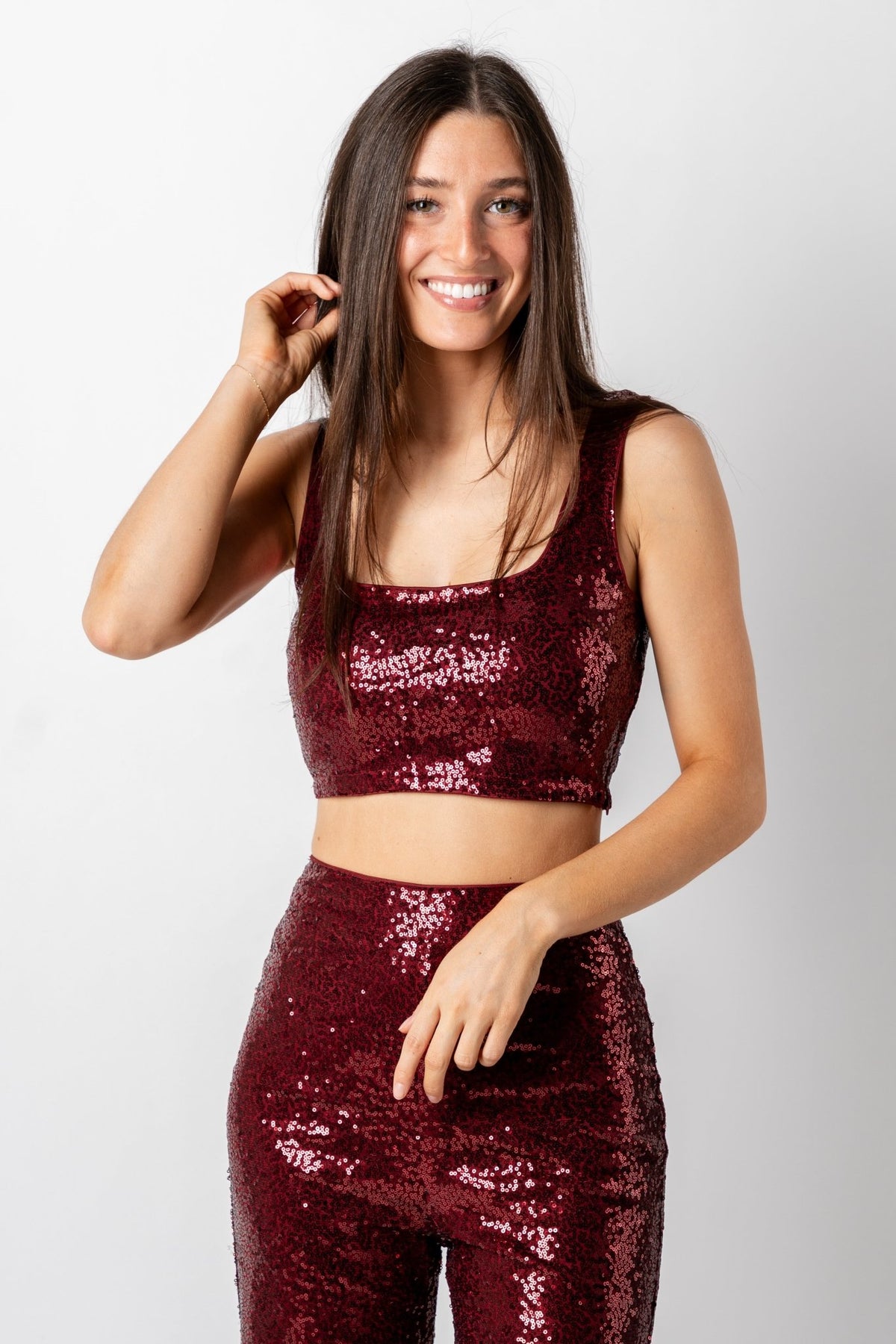 Sequin crop top shiny wine - Trendy Holiday Apparel at Lush Fashion Lounge Boutique in Oklahoma City
