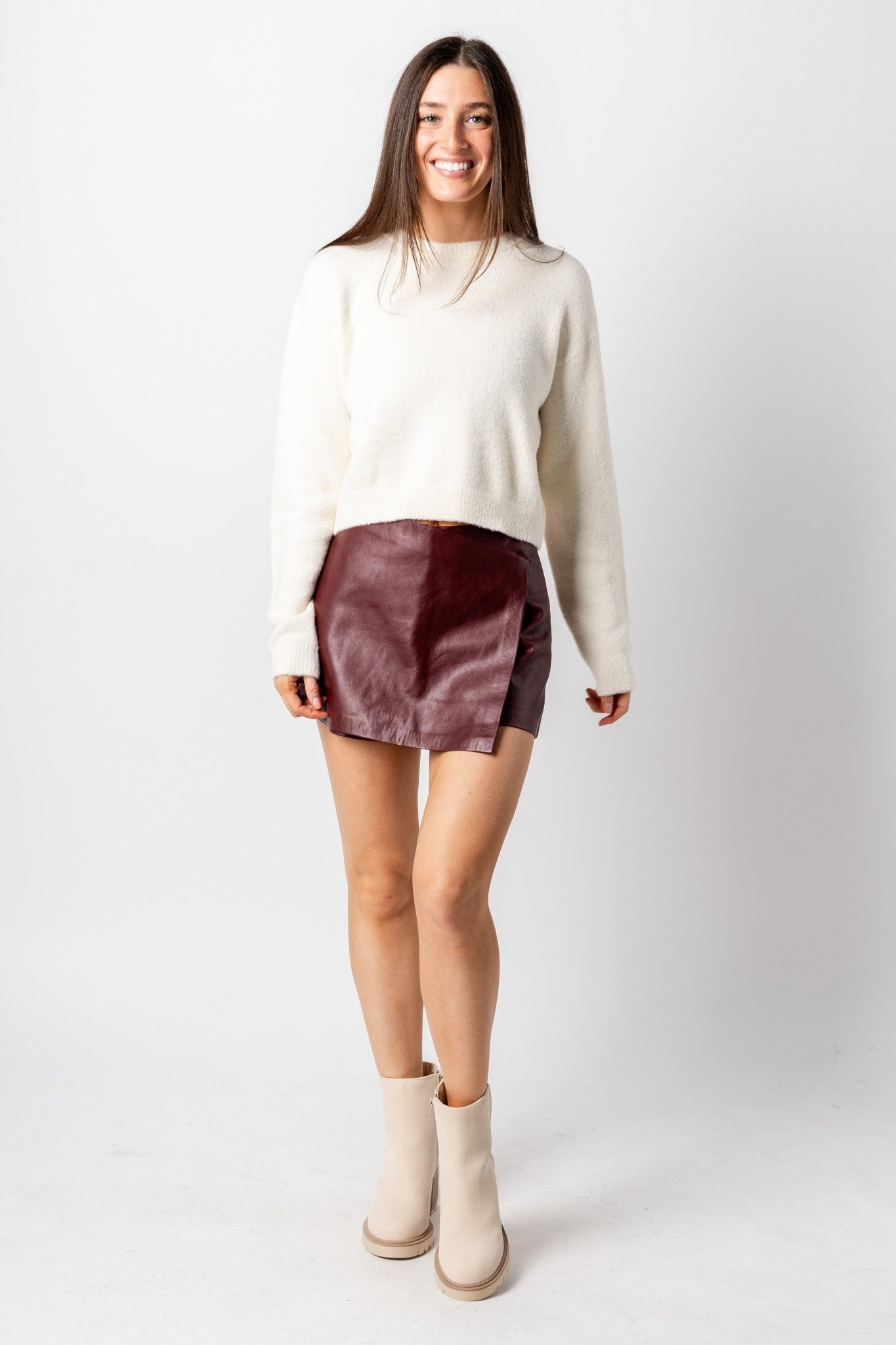 Faux leather skort red wine - Exclusive Collection of Holiday Inspired T-Shirts and Hoodies at Lush Fashion Lounge Boutique in Oklahoma City