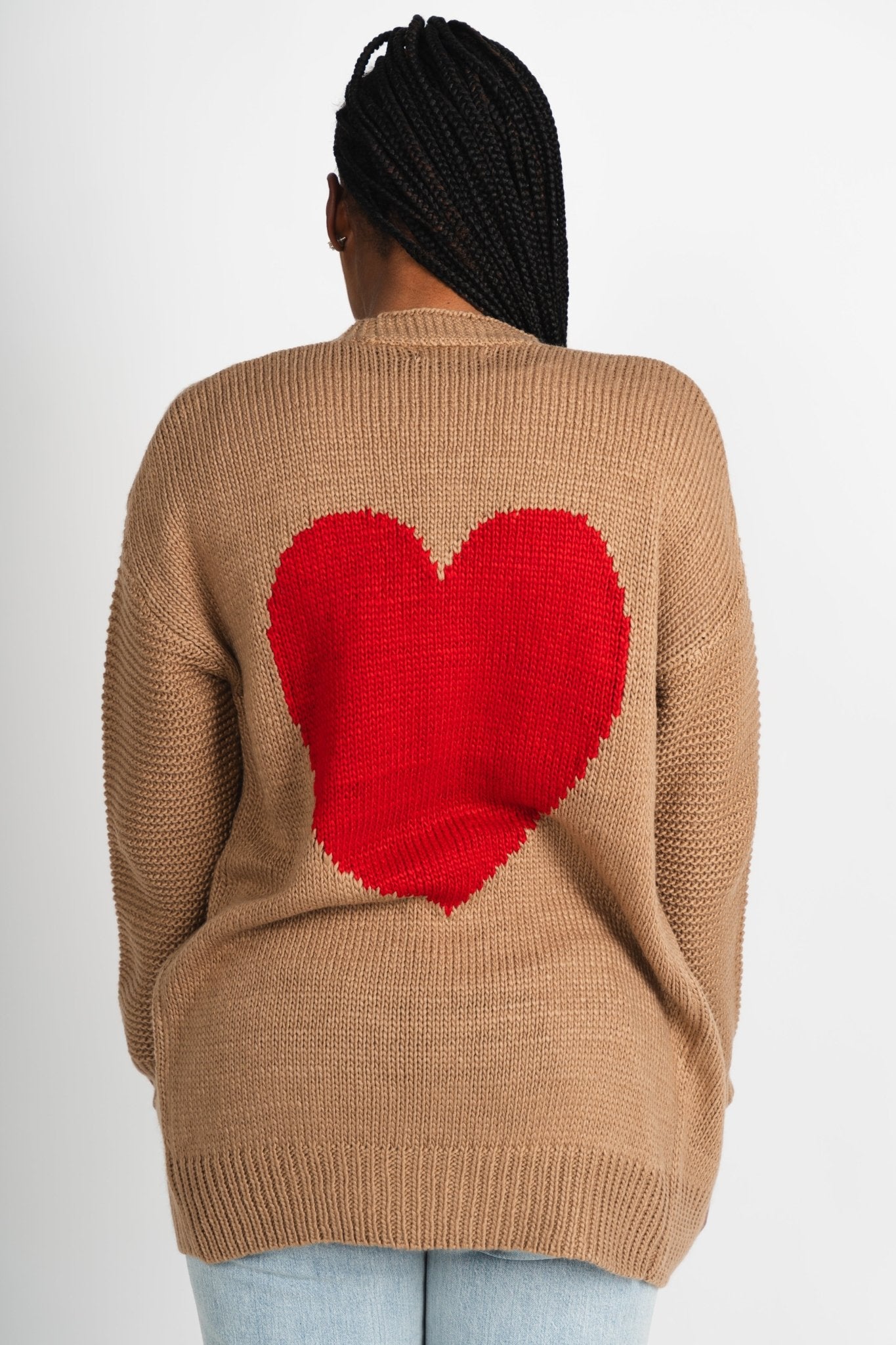 Heart print cardigan taupe/red - Trendy Valentine's T-Shirts at Lush Fashion Lounge Boutique in Oklahoma City
