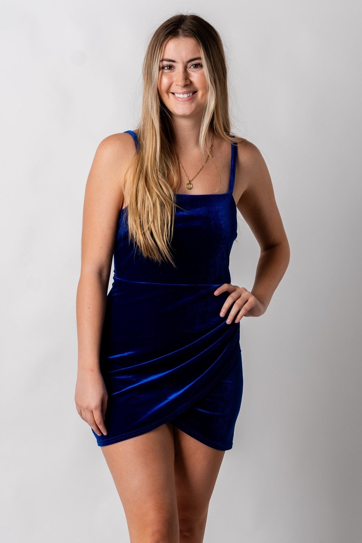 Velvet wrap mini dress royal blue - Trendy New Year's Eve Outfits at Lush Fashion Lounge Boutique in Oklahoma City