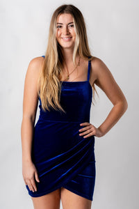 Velvet wrap mini dress royal blue - Affordable dress - Boutique Dresses at Lush Fashion Lounge Boutique in Oklahoma City
