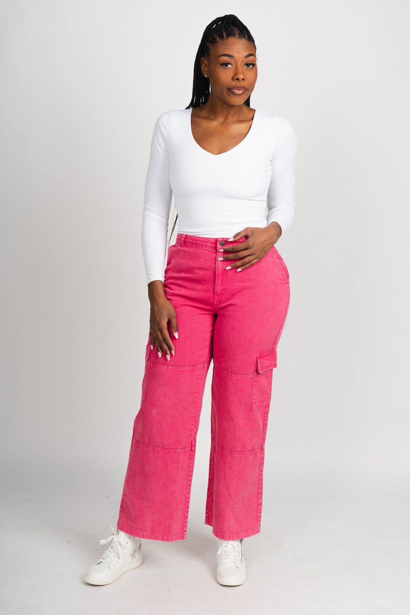 High waist cargo jeans fuchsia | Lush Fashion Lounge: boutique women's jeans, fashion jeans for women, affordable fashion jeans, cute boutique jeans