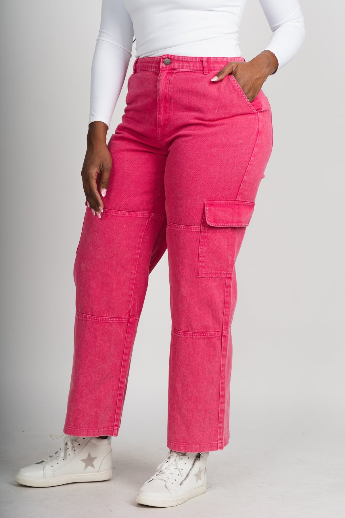 High waist cargo jeans fuchsia | Lush Fashion Lounge: boutique women's jeans, fashion jeans for women, affordable fashion jeans, cute boutique jeans