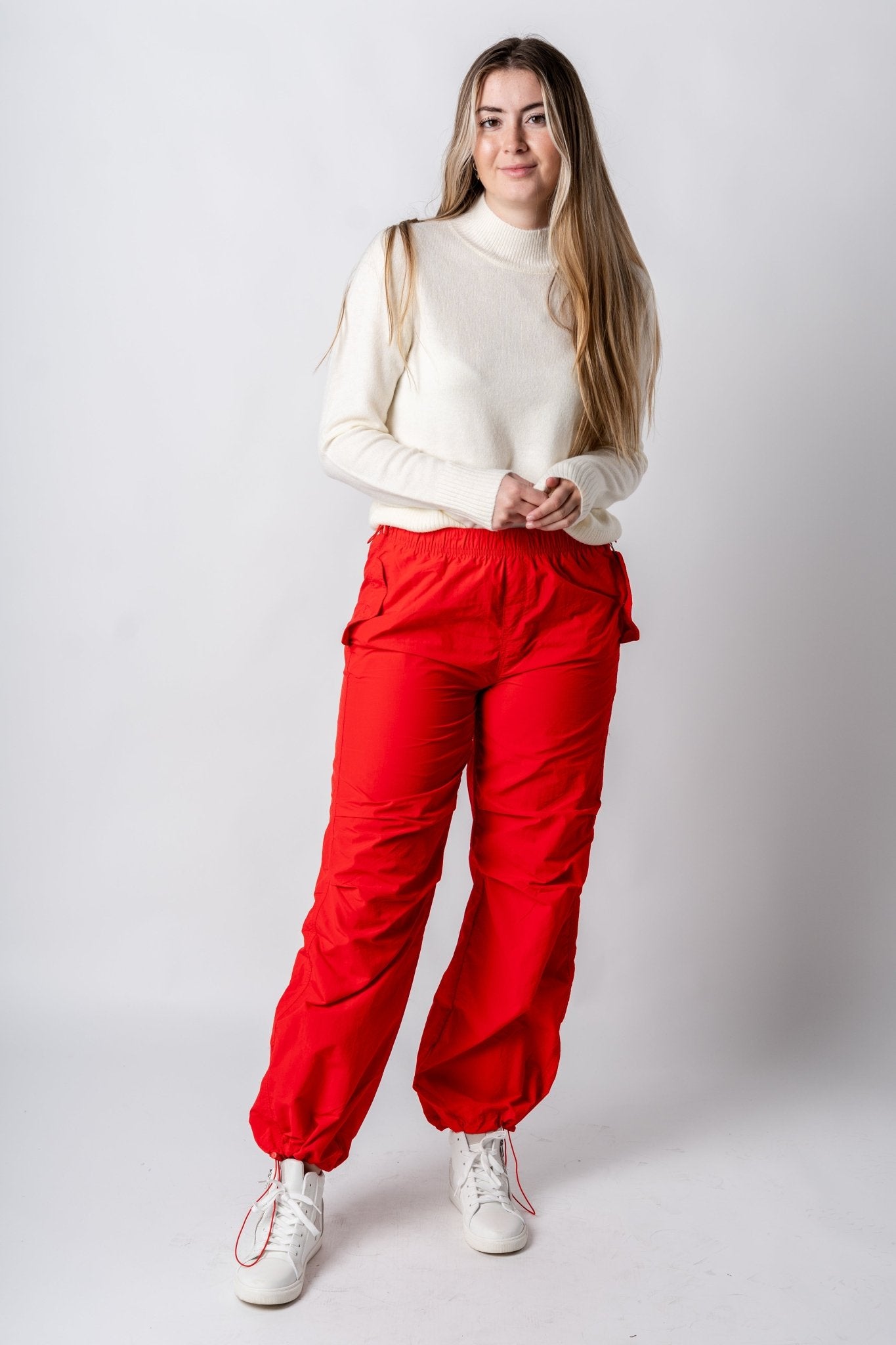 Ruched cargo pants tomato red | Lush Fashion Lounge: women's boutique pants, boutique women's pants, affordable boutique pants, women's fashion pants